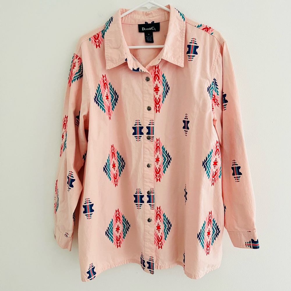 Denim&Co Pink and Blue Patterned Casual Button Down Shirt